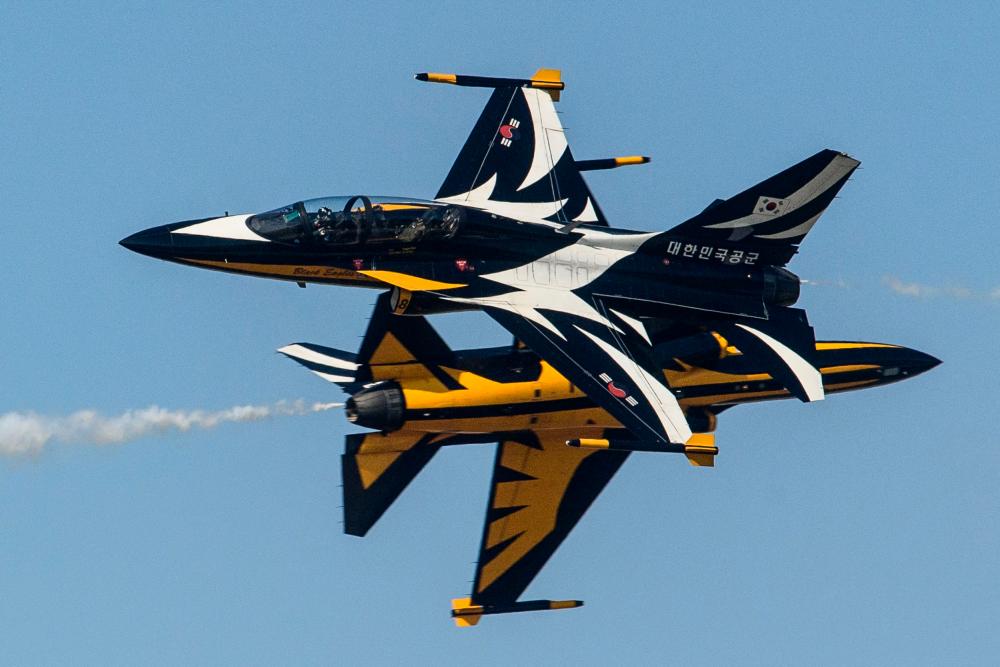 South Korea’s Air Force T-50 jets of the “Black Eagles” 53rd Air Demonstration Group perform at the Seoul International Aerospace and Defense Exhibition (ADEX) in Seongnam, south of Seoul, on October 18, 2021. AFPpix