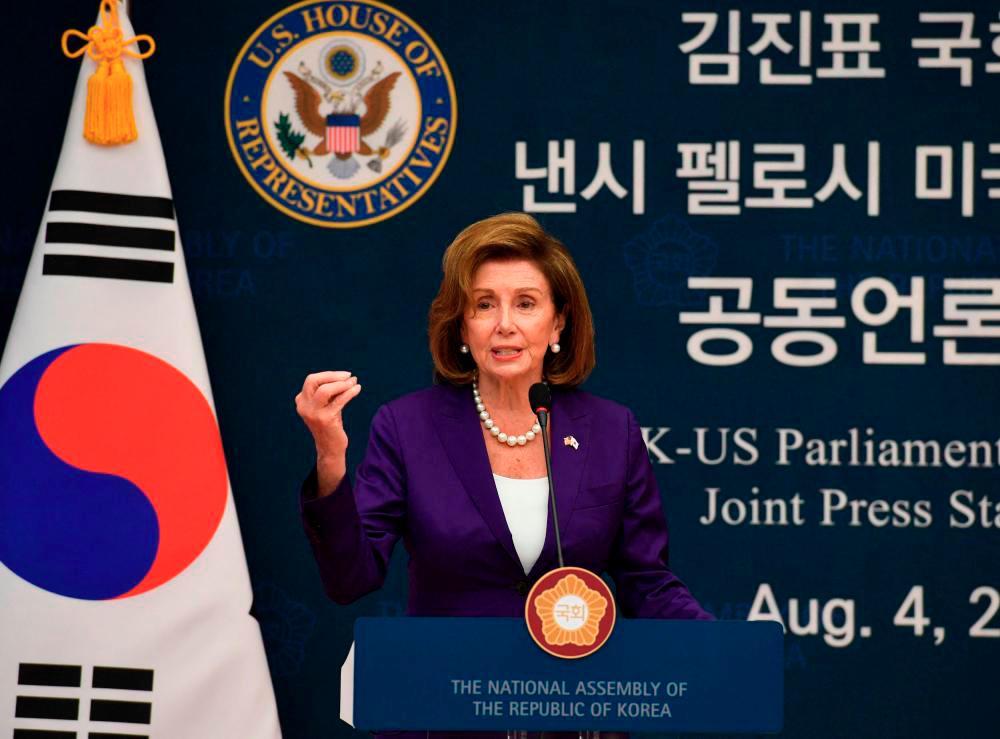US House Speaker Nancy Pelosi attends a joint press announcement after meeting with South Korean National Assembly speaker Kim Jin-pyo at the National Assembly in Seoul on August 4, 2022. AFPPIX