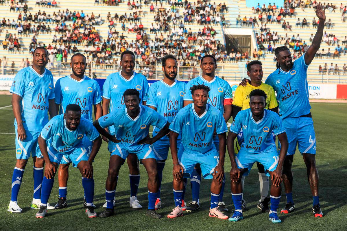 Retired football stars Nigerian Jay-Jay Okocha (2L back), Cameroonian Samuel Eto’o (5thL back) and Togolese Emmanuel Adebayor (R back). AFPpix