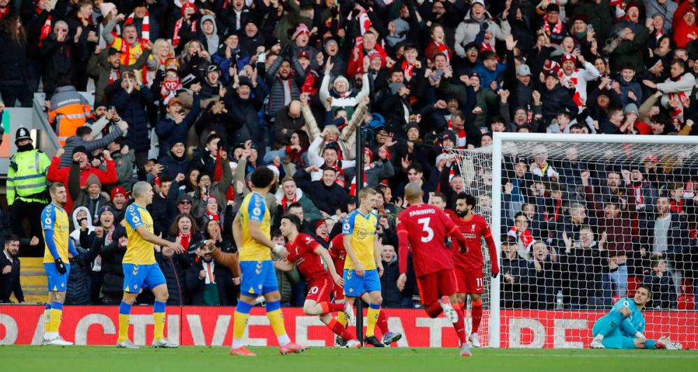 Soccer Football - Premier League - Liverpool v Southampton - Anfield, Liverpool, Britain - November 27, 2021 Liverpool’s Diogo Jota celebrates scoring their first goal. REUTERSPix