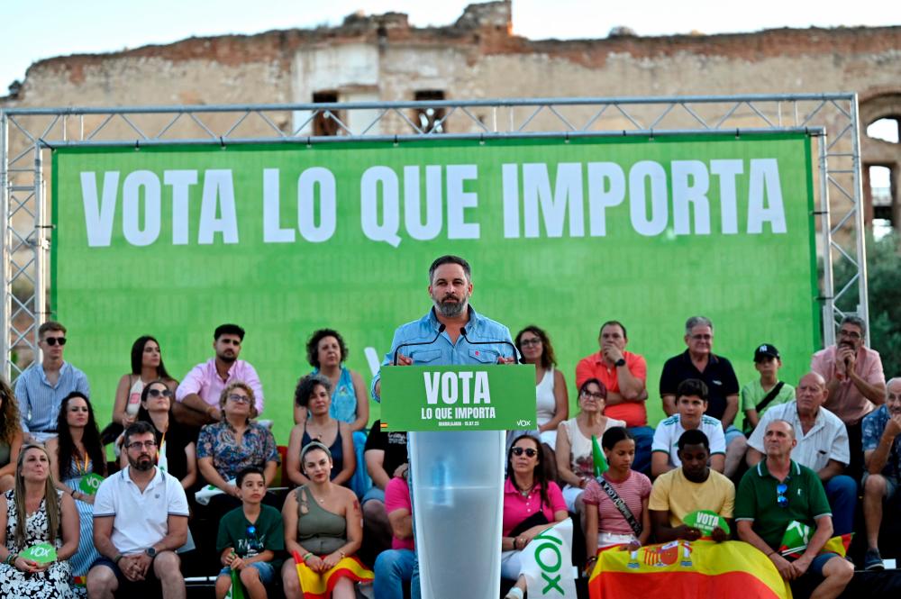 Spanish far-right party Vox’ leader Santiago Abascal speaks during a campaign meeting in Guadalajara on July 15, 2023 ahead of July 23 general election/AFPPix