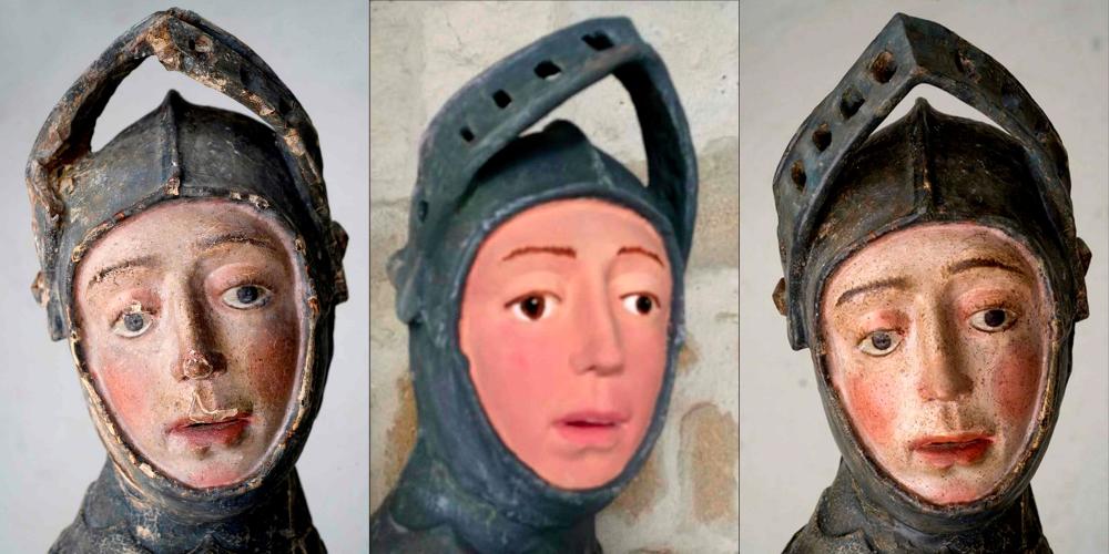 This combination of pictures created on June 24, 2019 of handout pictures released by the press office of the Navarra Government show a sculpture of Saint George before and after restoration. — AFP