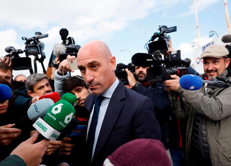 Former president of the Spanish football federation Luis Rubiales, accused of sex assault and coercion over forcible kiss, is surrounded by media as he leaves after taking the stand during his trial at the court of San Fernando de Henares, east of Madrid - AFPpix