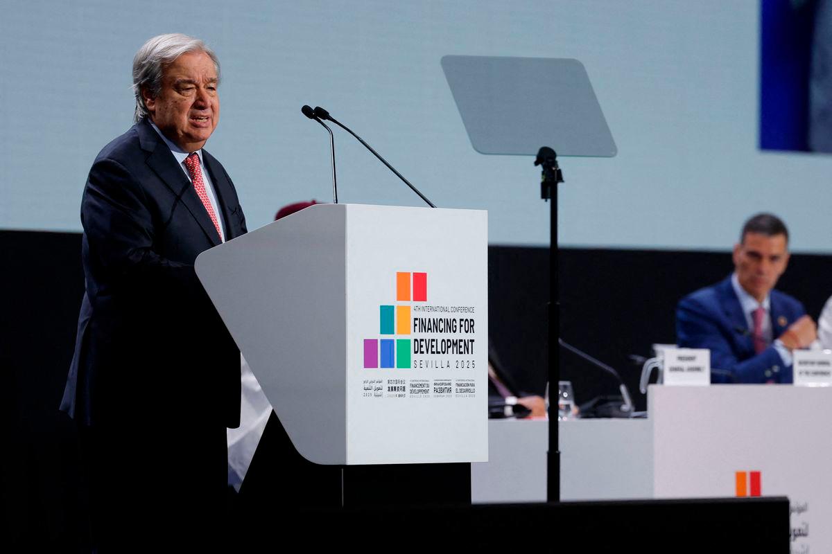 United Nations Secretary-General Antonio Guterres delivers his opening speech during the United Nations 4th International Conference on Financing and Development in Seville, on June 30, 2025. (Photo by Pierre-Philippe MARCOU / AFP)