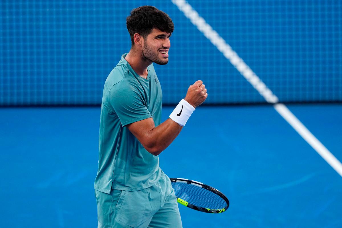 Carlos Alcaraz of Spain reacts after winning a point during the match against Alexander Zverev of Germany during Day 10 of the Cincinnati Open at the Lindner Family Tennis Center in Mason, Ohio. - Getty Images via AFP