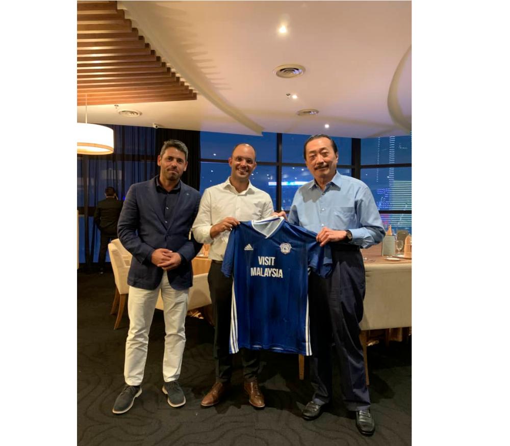 Owner of Cardiff City FC Tan Sri Vincent Tan with his guests from Sporting CP, Miguel Cal, the CEO (centre) and Nuno Fernando Cardoso, the Head of International Business Development.