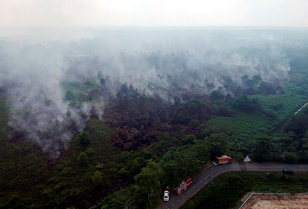 An aerial view of the forest fires near the Hamidah Complex at Miri yesterday. — BBXpress