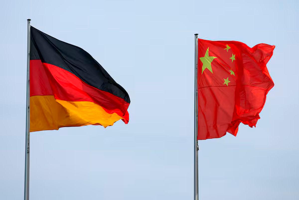 The flags of Germany and China are seen ahead of a meeting between German Chancellor Olaf Scholz and Chinese Premier Li Qiang in Berlin, Germany, June 19, 2023. REUTERS/Fabrizio Bensch/File photo