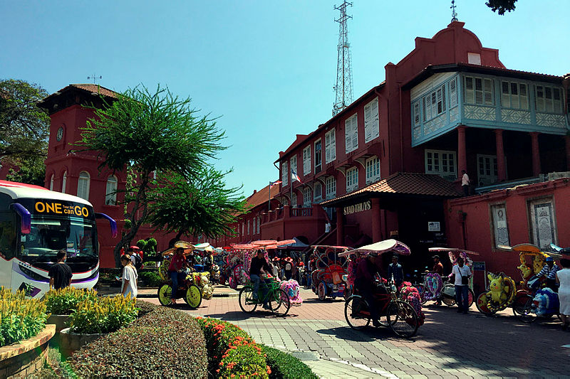 The 134-year-old iconic red clock tower, located at Dutch Square in Stadthuys in Malacca.