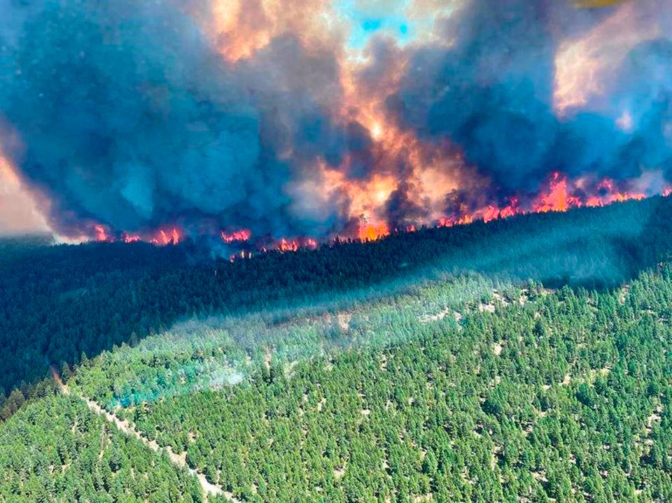 Smoke and flames are seen during the Sparks Lake wildfire at Thompson-Nicola Regional District, British Columbia, Canada, June 29, 2021, in this image obtained via social media. -BC wildfire service via Reuters