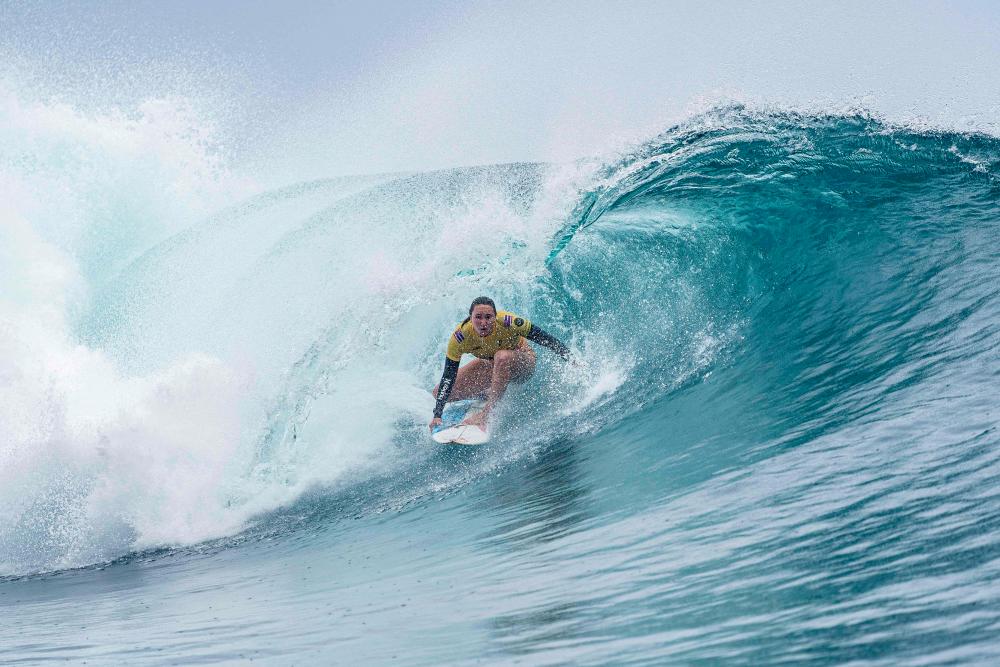 Carissa Moore of Hawaii competes in the Outerknown Tahiti Pro 2022, the Women's WSL Championship Tour, in Teahupo'o, French Polynesia on August 16, 2022. - AFPPIX