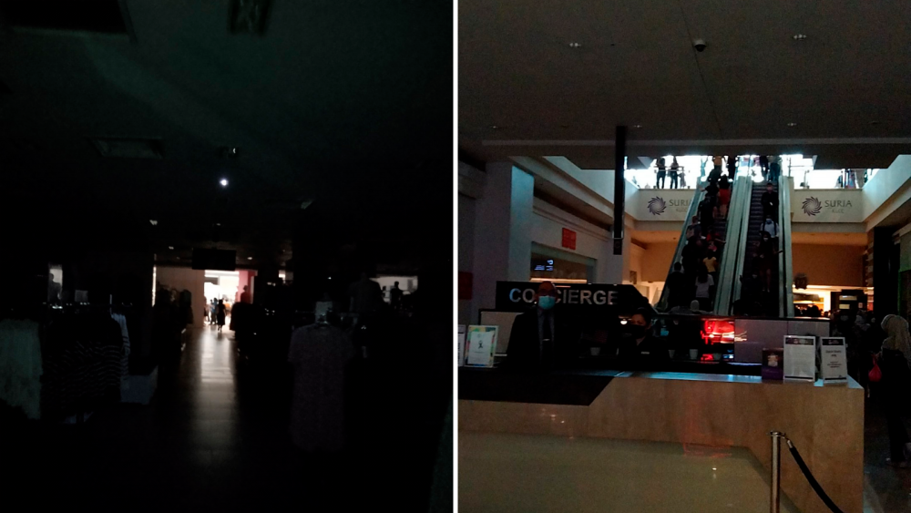 Lights out at the stores and escalators not working in Suria KLCC. Credit pix: Twitter/@mwnkenobi