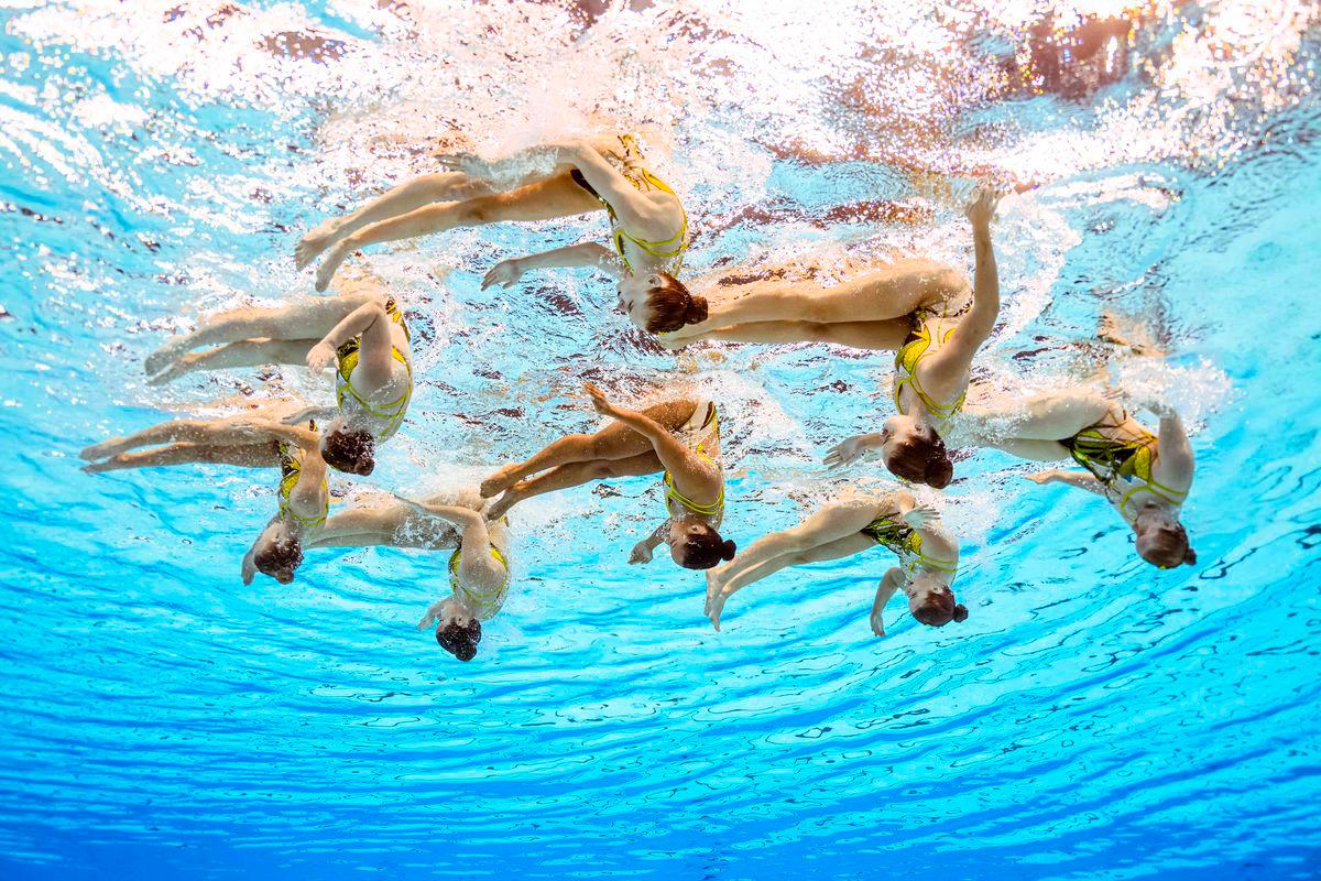 Team South Africa competes in the preliminary round of the team technical artistic swimming event during the 2025 World Aquatics Championships in Singapore on July 21, 2025. Photo by FRANCOIS-XAVIER MARIT / AFP