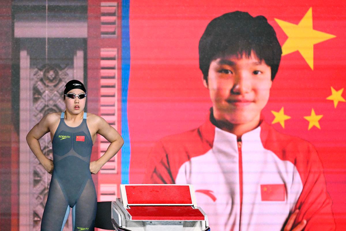 China’s swimmer Yu Zidi prepares for the final of the women’s 200m butterfly swimming event during the 2025 World Aquatics Championships in Singapore on July 31, 2025 - AFPPix