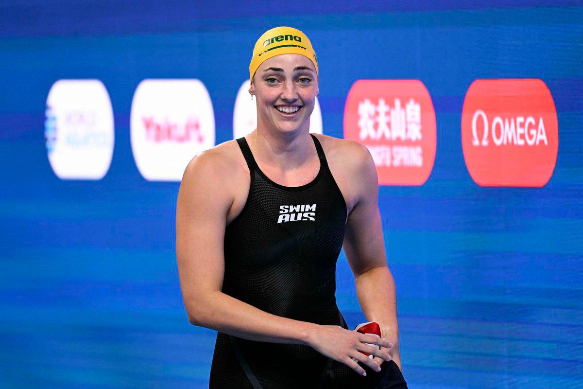 Australia’s swimmer Meg Harris reacts after winning the final of the women’s 50m freestyle swimming event during the 2025 World Aquatics Championships in Singapore on August 3, 2025. Photo by Oli SCARFF / AFP