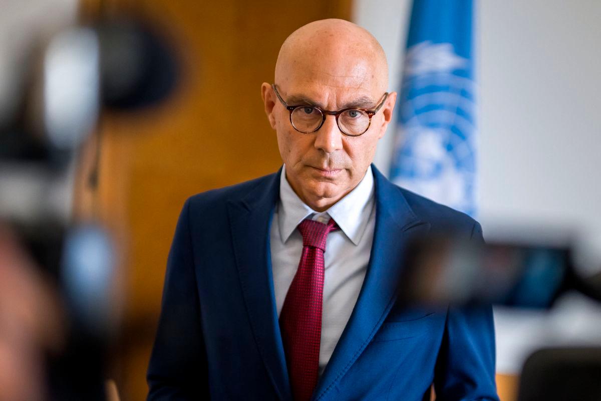 UN High Commissioner for Human Rights Volker Turk looks on during a statement at the United Nations Offices in Geneva, on September 16, 2025. (Photo by Fabrice COFFRINI / AFP)