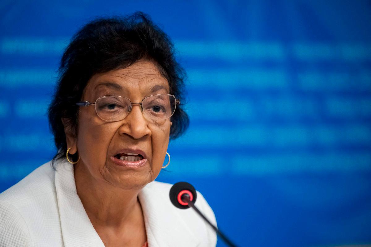 Chair of the Independent International Commission of Inquiry on the Occupied Palestinian Territory, including East Jerusalem, and Israel, South Africa’s judge Navi Pillay, speaks during a press conference in Geneva on September 16, 2025. (Photo by Fabrice COFFRINI / AFP)