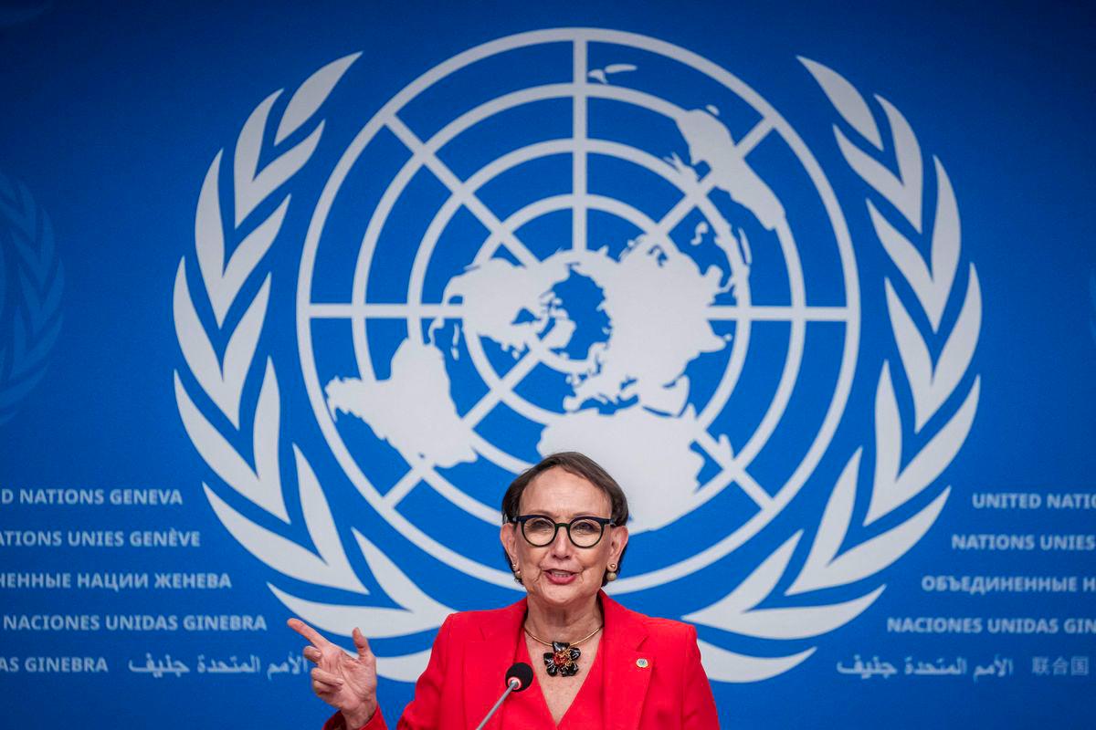 Secretary-General of the United Nations Trade and Development (UNCTAD) Rebeca Grynspan speaks during a press conference ahead of the 16th UN conference on trade and development, in Geneva, on October 13, 2025. - AFPPIX
