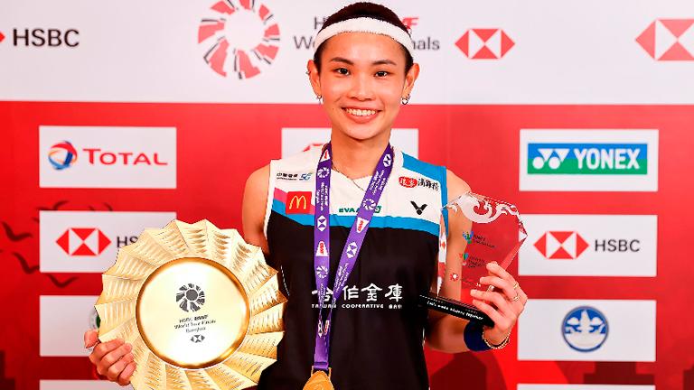 This handout from the Badminton Association of Thailand taken and released on Jan 31, 2021 shows Taiwan’s Tai Tzu-ying with her winner’s medal and trophy after beating Spain’s Carolina Marin (not pictured) in their women’s singles final at the World Tour Finals badminton tournament in Bangkok. – AFPPIX