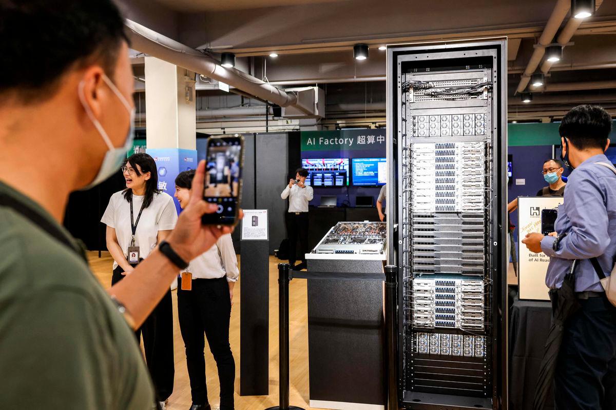 A Nvidia GB300 NVL72 is seen on display at the Foxconn, also known as Hon Hai Precision Industry, headquarters in New Taipei City on May 29, 2025. AFPpix