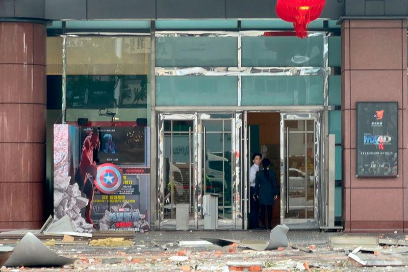 This video grab released by Taiwan’s Central News Agency (CNA) on February 13, 2025 shows the scene after an explosion at a department store in Taichung. An explosion in a Taiwan department store on February 13 injured at least 12 people, authorities said, with videos showing large pieces of debris raining down on the street. Photo by CNA / AFP