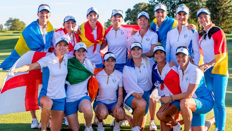 Members of Team Europe pose for a championship photo after winning the 2021 Solheim Cup at Invernes Club. – USA TODAY Sports