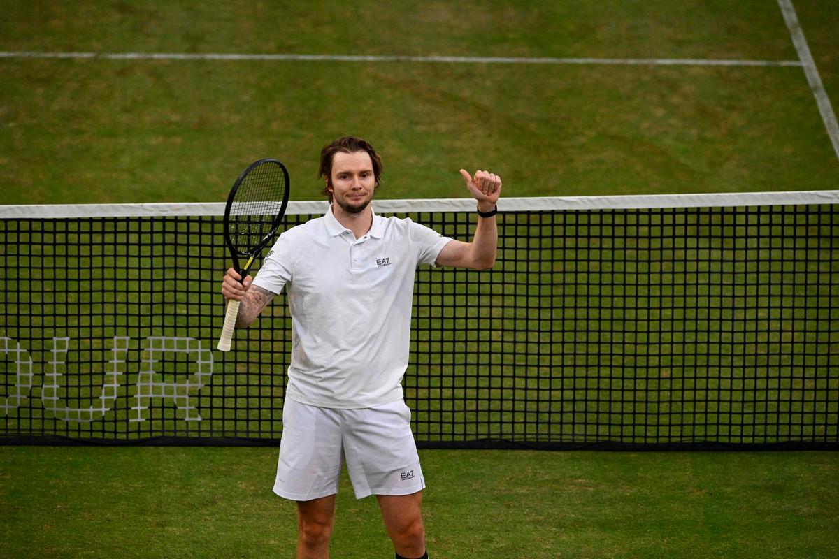 Italy’s Jannik Sinner reacts at the end of the men’s singles tennis match against Kazakhstan’s Alexander Bublikin at the Halle Open ATP tennis tournament in Halle, on June 19, 2025