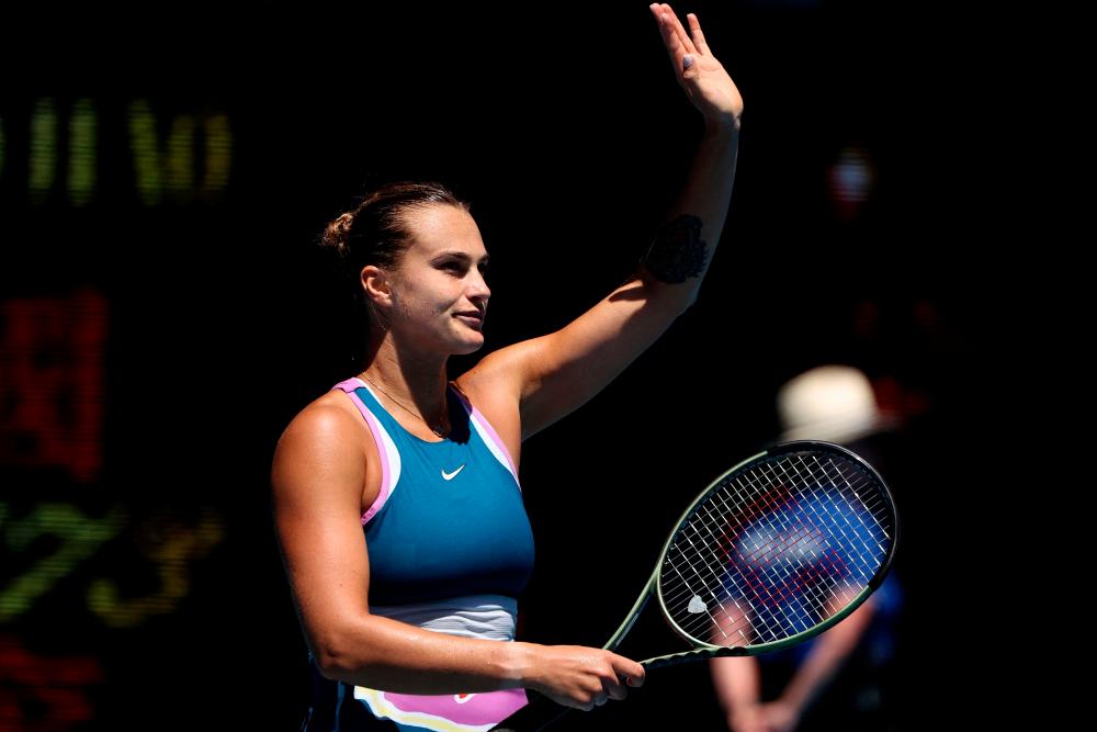 Belarus’ Aryna Sabalenka celebrates victory against Switzerland’s Belinda Bencic after their women’s singles match on day eight of the Australian Open tennis tournament in Melbourne on January 23, 2023. AFPPIX