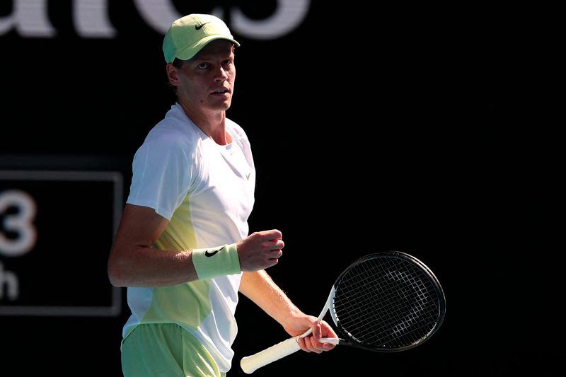 Italy's Jannik Sinner celebrates the match point against Chile’s Nicolas Jarry during their men's singles match on day two of the Australian Open tennis tournament in Melbourne on January 13, 2025. - AFPPIX