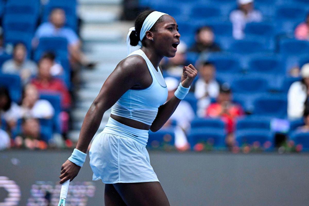 US's Coco Gauff reacts after winning a point against to Russia's Kamilla Rakhimova during their women's single match at the China Open tennis tournament in Beijing on September 26, 2025. - AFPPIX