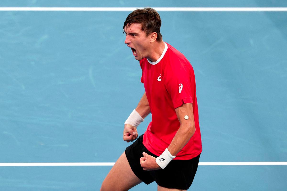 Belgium’s Raphael Collignon reacts after defeating Australia’s Alex de Minaur during the Davis Cup second-round qualifier tennis match at Ken Rosewall Arena in Sydney on September 13, 2025. - AFPPIX