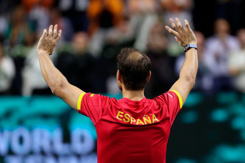 Rafael Nadal greets the spectators during a tribute to his career at the end of the quarter-final doubles match between Netherlands and Spain during the Davis Cup Finals - AFPpix