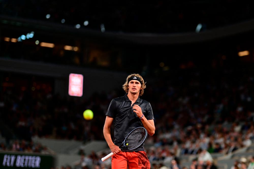 Germany’s Alexander Zverev looks on as he plays against Slovakia’s Alex Molcan during their men’s singles match on day five of the Roland-Garros Open tennis tournament at the Court Philippe-Chatrier in Paris on June 1, 2023. AFPPIX