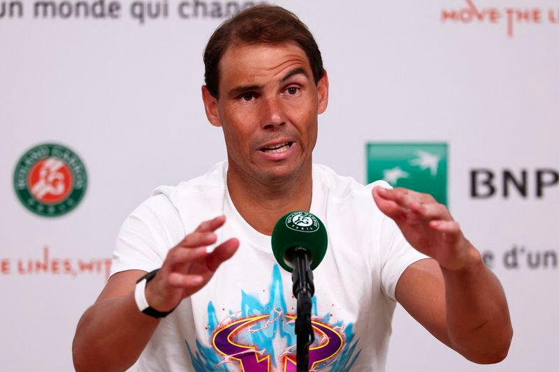 Spain's Rafael Nadal gestures during a press conference after losing his men's singles match against Germany's Alexander Zverev on day two of the French Open tennis tournament at the Roland Garros Complex in Paris on May 27, 2024. - AFPPIX