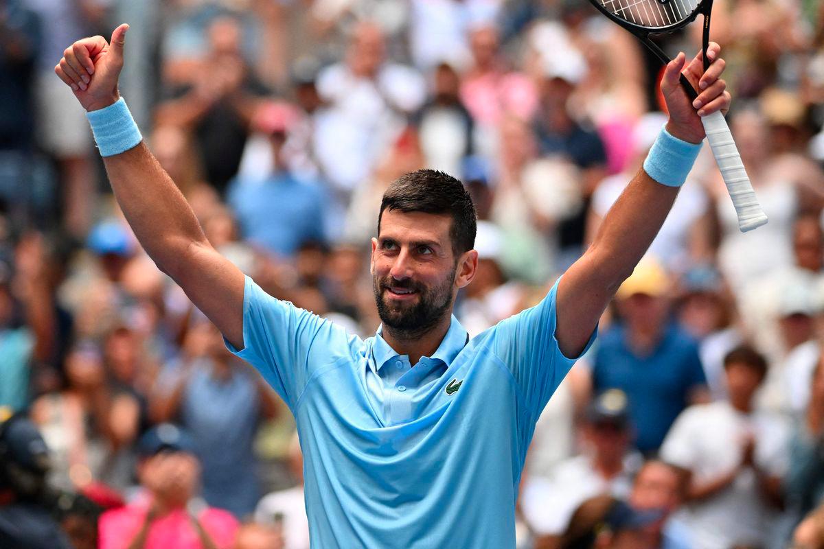 Serbia’s Novak Djokovic celebrates his victory over USA’s Zachary Svajda at the conclusion of their men's singles second round tennis match on day four of the US Open tennis tournament at the USTA Billie Jean King National Tennis Center in New York City, on August 27, 2025. - AFPPIX