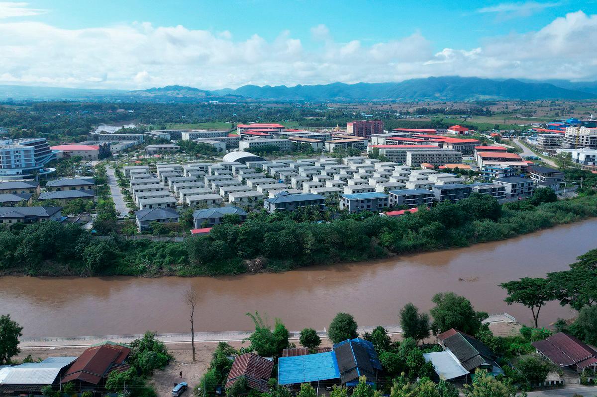 This aerial photo taken on September 17, 2025 shows the KK Park complex in Myanmar’s eastern Myawaddy township, as pictured from Mae Sot district in Thailand’s border province of Tak. - Lillian SUWANRUMPHA / AFP