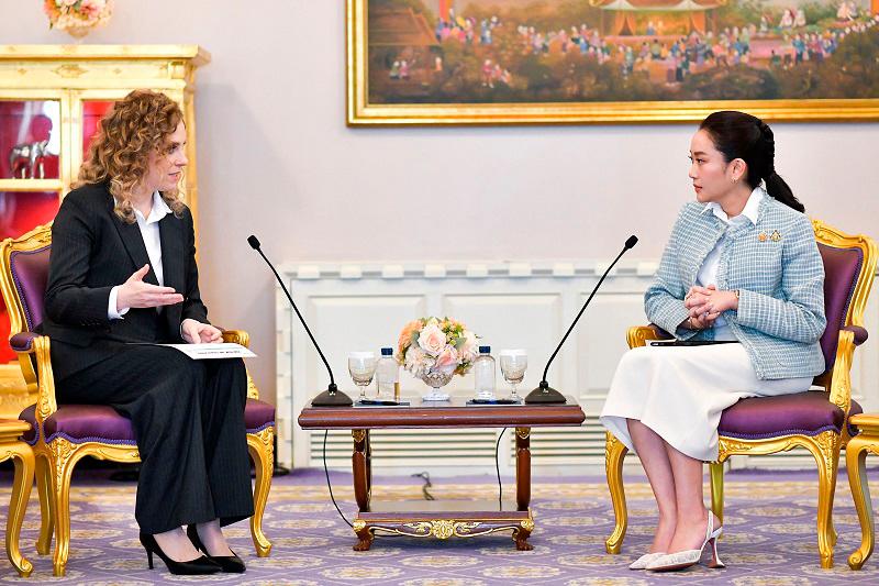 This handout photo from the Royal Thai Government taken and released on February 28, 2025 shows Thailand’s Prime Minister Paetongtarn Shinawatra (R) meeting with Helena Lersch (L), TikTok’s vice president of public policy, at Government House in Bangkok. TikTok plans to invest $8.8 billion in Thailand over the next five years, focusing on digital infrastructure, workforce development and online safety initiatives, a senior executive said February 28 after talks with the government. - AFP PHOTO / ROYAL THAI GOVERNMENT