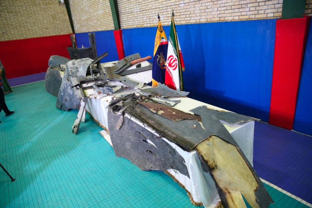 The purported wreckage of the American drone is seen displayed by the Islamic Revolution Guards Corps (IRGC) in Tehran, Iran June 21, 2019. - Reuters
