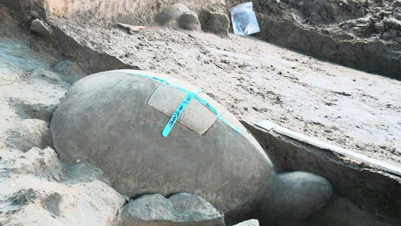 The turtle sculpture discovered on May 6 housed artefacts including a crystal dragon and a trident. — Apsara National Authority