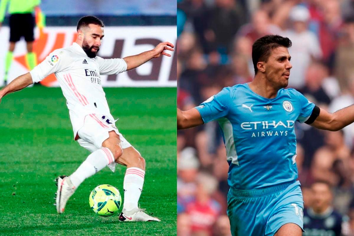 Real Madrid right back Dani Carvajal (left) and Manchester City midfielder Rodri (left). - REUTERS