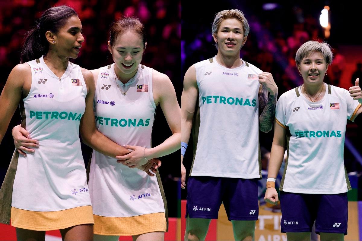 Malaysia’s Pearly Tan and Thinaah Muralitharan (left) celebrate after winning their women’s doubles semifinal match and Tang Jie Chen and Ee Wei Toh (right) celebrate after winning their mixed doubles semifinal match on August 30, 2025. - REUTERS