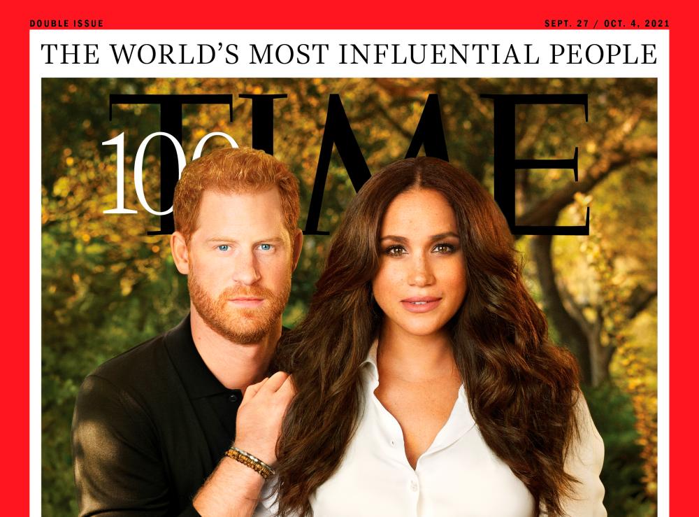 Britain's Prince Harry and Meghan, Duchess of Sussex, appear on the cover of Time magazine's 100 most influential people in the world edition in this handout photo released to Reuters on September 15, 2021. Pari Dukovic for TIME/Handout via REUTERS. -REUTERSPix