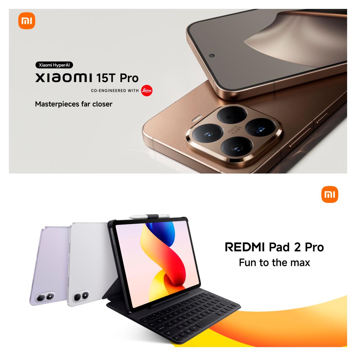(Top) Xiaomi 15T Pro, the first in the T series to feature a Leica 5× Pro telephoto camera; (Bottom) REDMI Pad 2 Pro, enabling immersive experience with Dolby Atmos enhanced quad speakers.