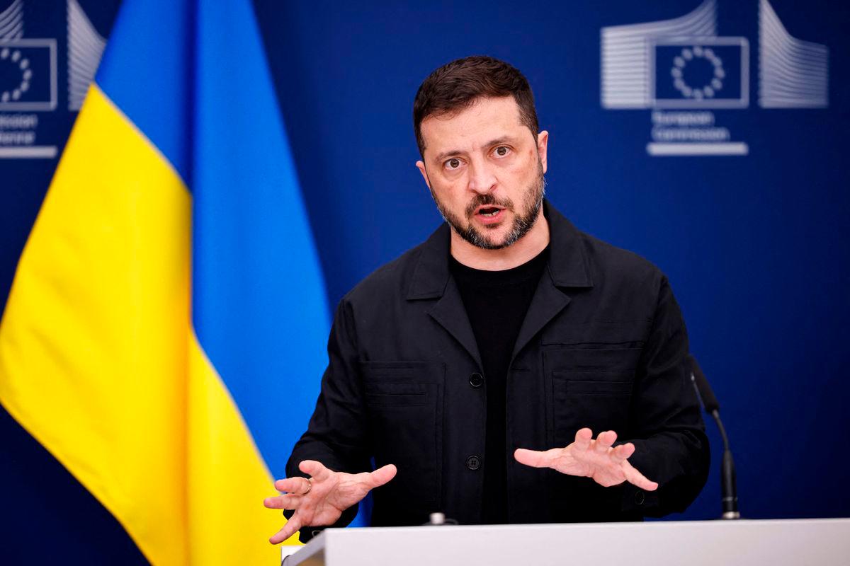 Ukraine’s President Volodymyr Zelensky speaks during a joint press conference with European Commission President in Brussels, on August 17, 2025. (Photo by Simon Wohlfahrt / AFP)