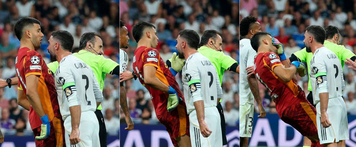 This combination of pictures created on September 16, 2025 shows Real Madrid’s Spanish defender #02 Dani Carvajal who received a red card for head butting Marseille’s Argentine goalkeeper #01 Geronimo Rulli (L) during the UEFA Champions League first round day 1 football match between Real Madrid CF and Olympique de Marseille at the Santiago Bernabeu stadium in Madrid. AFPpix