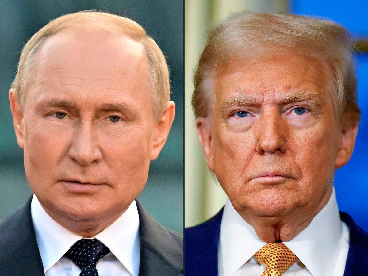 This combination of file photographs created on August 8, 2025 shows Russian President Vladimir Putin (L) giving a speech during an event to mark the 1160th anniversary of Russia’s statehood in Veliky Novgorod on September 21, 2022, and US President-elect Donald Trump looking on during a meeting with France’s President at the Elysee Palace in Paris, on December 7, 2024. Photo by Ilya PITALEV and Sarah Meyssonnier / various sources / AFP