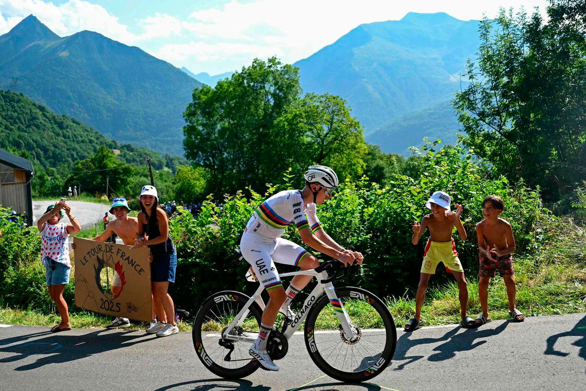 UAE Team Emirates - XRG team’s Slovenian rider Tadej Pogacar cycles in the ascent of Hautacam during the 12th stage of the 112th edition of the Tour de France cycling race, 180.6 km between Auch and Hautacam, in the Pyrenees mountains of southwestern France, on July 17, 2025. Photo by Loic VENANCE / AFP