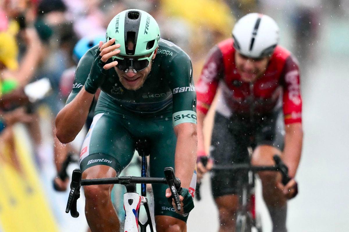 Trek team's Italian rider Jonathan Milan wearing the best sprinter's green jersey cycles to the finish line to win the 17th stage of the 112th edition of the Tour de France cycling race, 160.4 km between Bollene and Valence, southern France, on July 23, 2025. - AFPPIX
