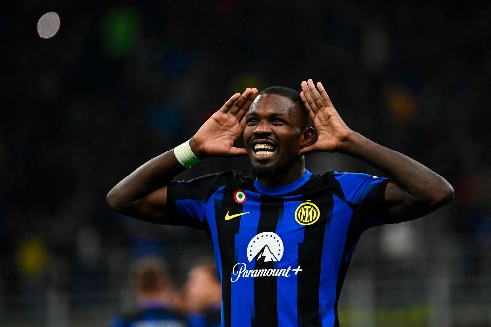 Inter Milan’s French forward #09 Marcus Thuram after scoring the team’s first goal during the Italian Serie A football match between Inter Milan and AS Roma at San Siro Stadium, in Milan on October 29, 2023/AFPPix