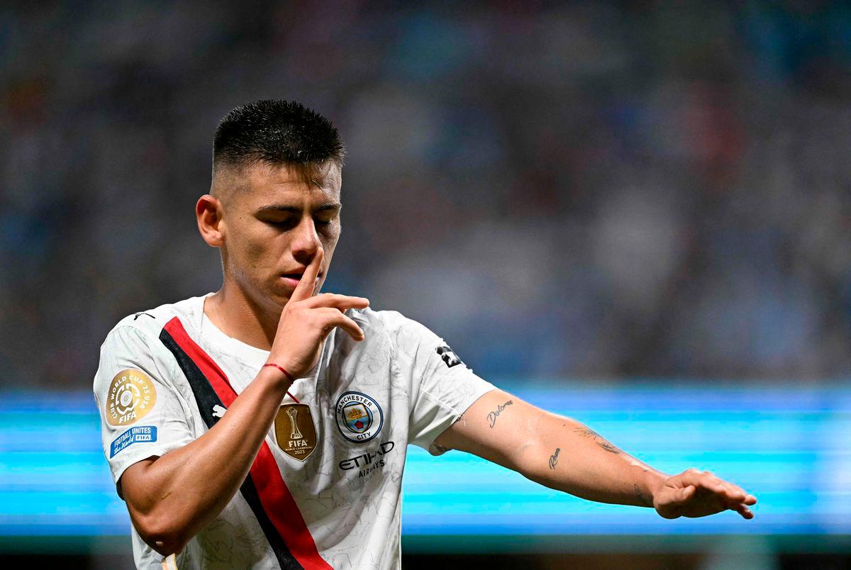 Manchester City’s Argentine midfielder #30 Claudio Echeverri celebrates scoring his team’s second goal during the FIFA Club World Cup 2025 Group G football match between England’s Manchester City and UAE’s Al Ain FC at the Mercedes-Benz stadium in Atlanta on June 22, 2025 - AFP